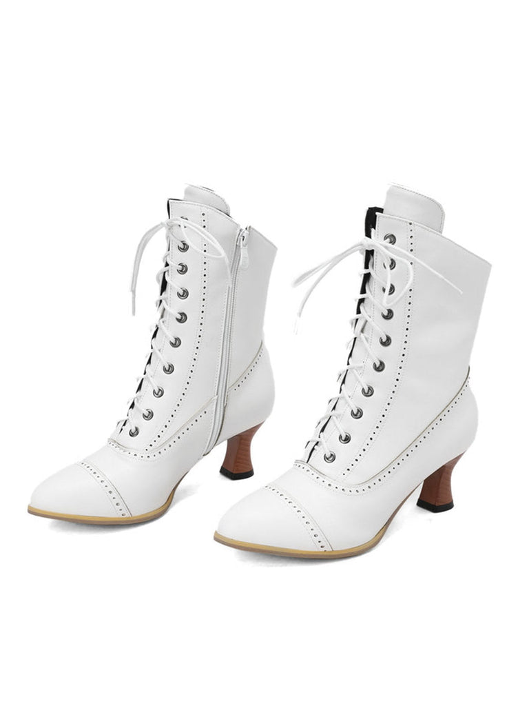 Stivali vintage in pelle con lacci e tacco a gattino