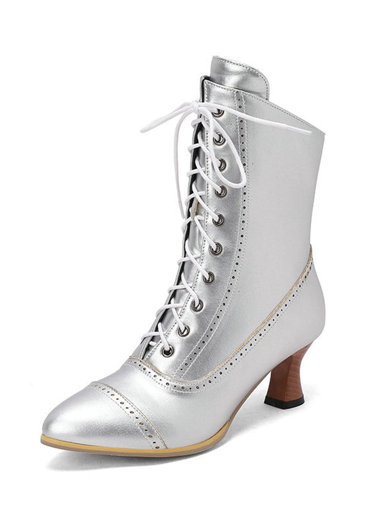 Stivali vintage in pelle con lacci e tacco a gattino