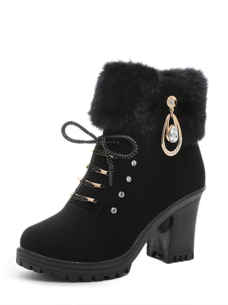 Stivali vintage in pelle nabuk con tacco spesso e peluche