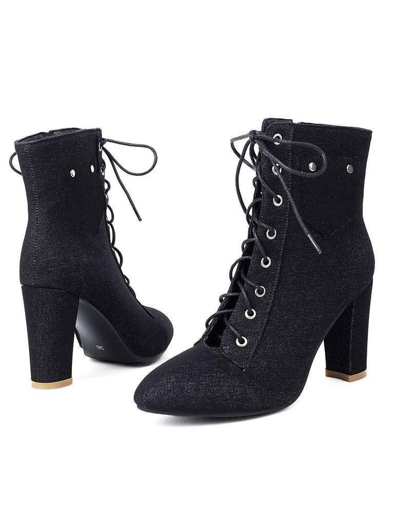 Stivali vintage in denim con tacco alto e lacci