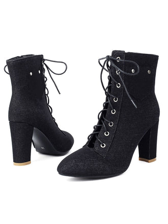 Stivali vintage in denim con tacco alto e lacci