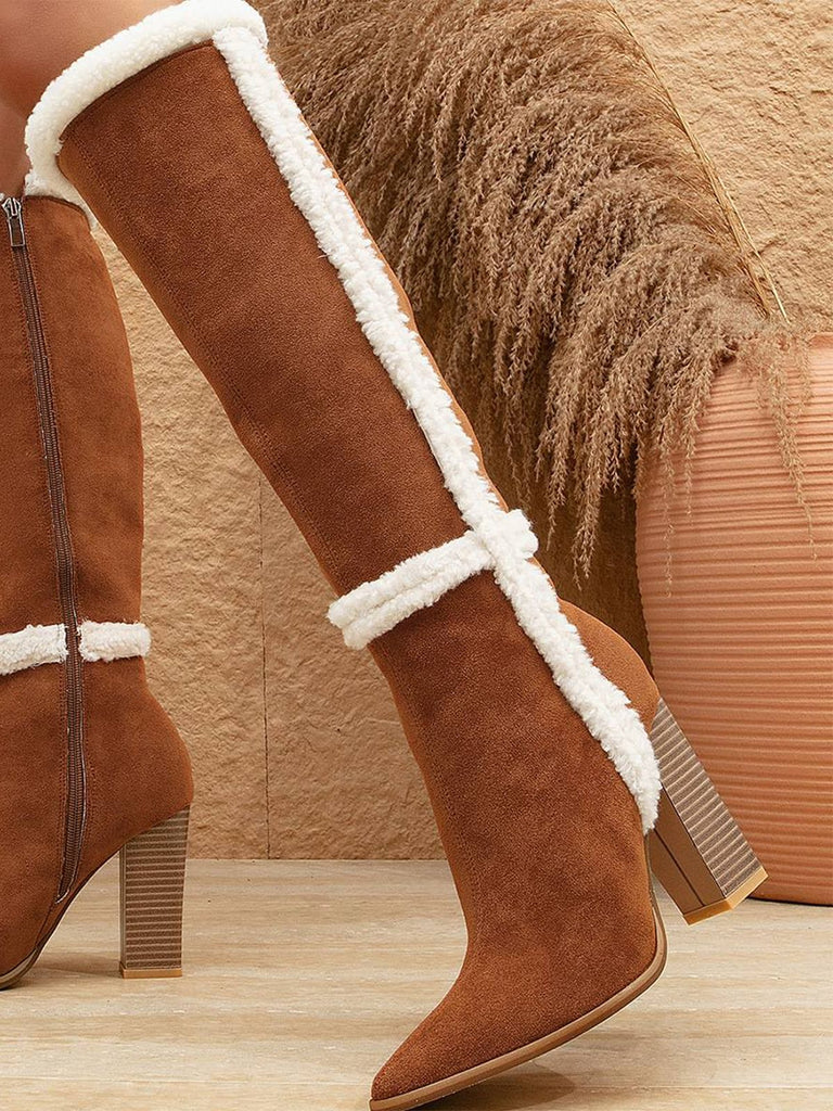 Stivali con tacco spesso in flanella marrone patchwork