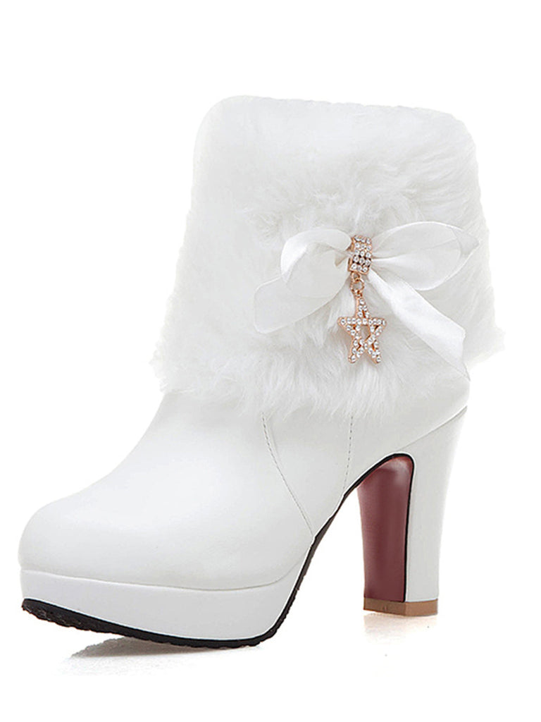 Stivali alti in pelle con patchwork di pelliccia e strass