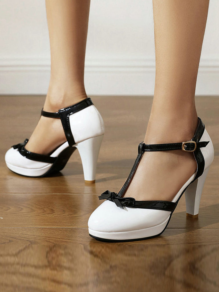 Scarpe con tacco e cinturino a T e punta tonda in pelle
