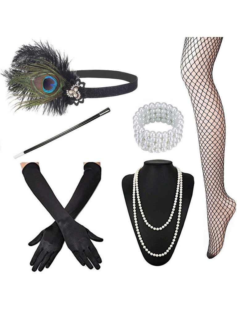 Abito con paillettes frange ricamate e 6 accessori anni '20