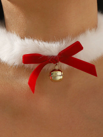 Collana girocollo in peluche con campanellino natalizio e fiocco