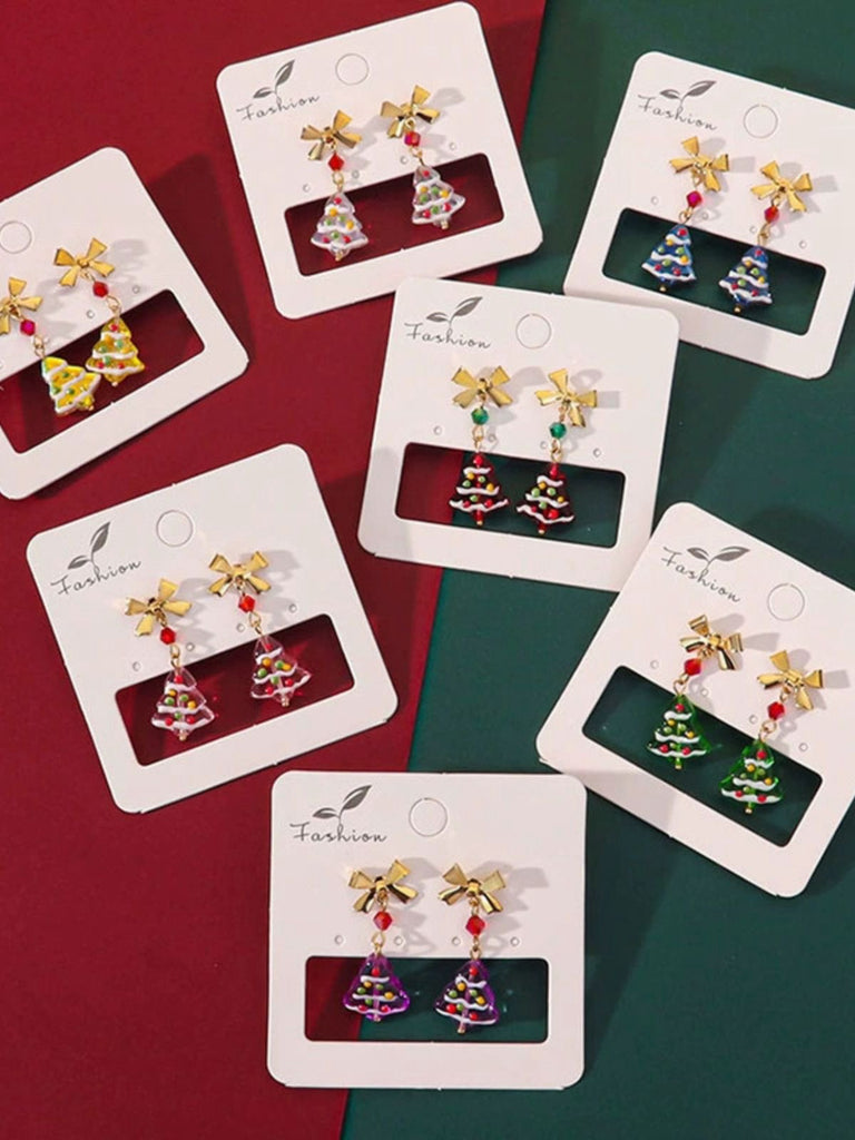 Orecchini pendenti con fiocco dorato a forma di albero di Natale