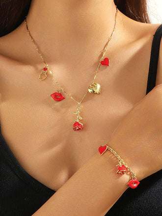 Set collana e bracciale con cuore e labbra di rosa rossa San Valentino