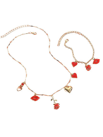 Set collana e bracciale con cuore e labbra di rosa rossa San Valentino