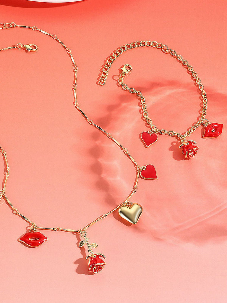 Set collana e bracciale con cuore e labbra di rosa rossa San Valentino