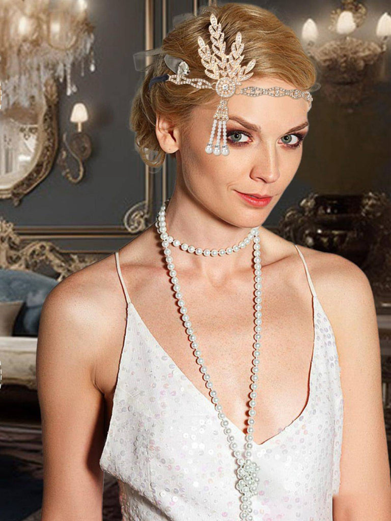 Set di cerchietto in lega con piume Gatsby e collana di perle