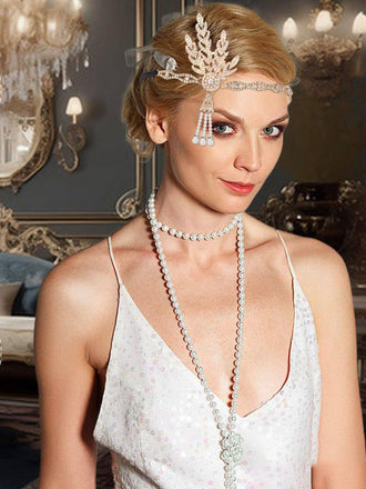 Set di cerchietto in lega con piume Gatsby e collana di perle