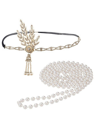Set di cerchietto in lega con piume Gatsby e collana di perle