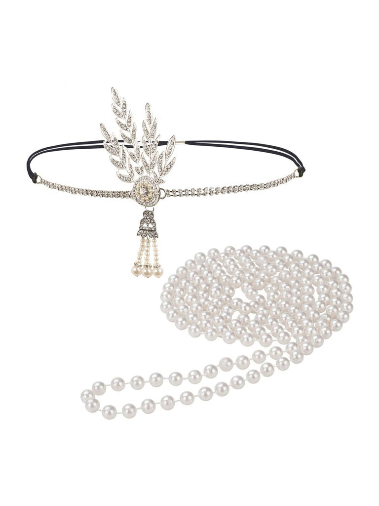 Set di cerchietto in lega con piume Gatsby e collana di perle