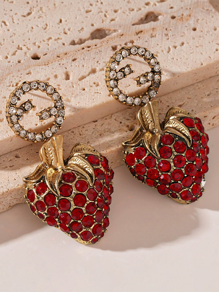 Orecchini Fragola in Metallo con Strass Rosso