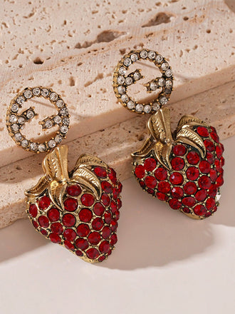 Orecchini Fragola in Metallo con Strass Rosso