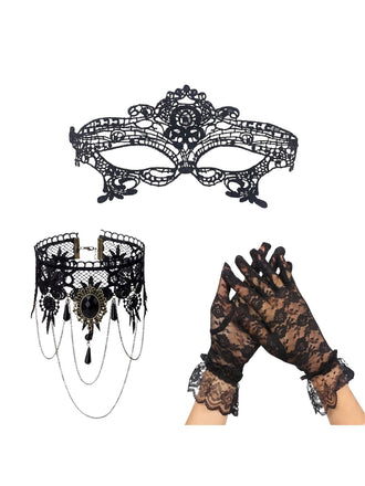 3PCS Set Maschera Nero Gotico Nero in Pizzo da Masquerade