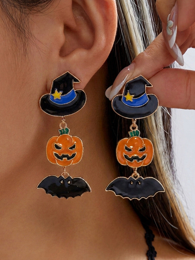 Orecchini Rosa Violacei di Halloween in Smalto con Zucca Cappello da Mago Pipistrello e Caramella 2