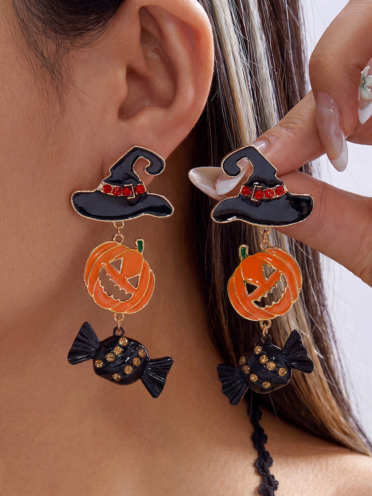 Orecchini Rosa Violacei di Halloween in Smalto con Zucca Cappello da Mago Pipistrello e Caramella 6