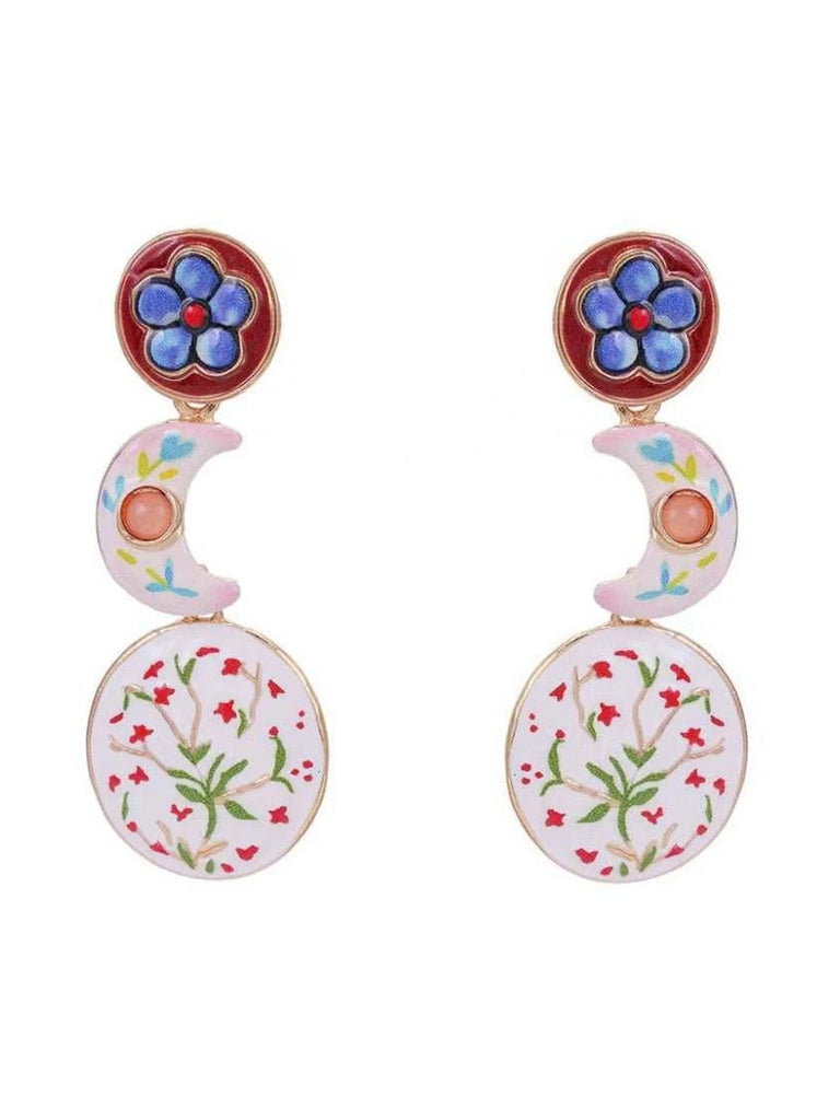 Orecchini Blu Cobalto Vintage Boho Floreali Dipinti a Mano e Pendenti a Strati