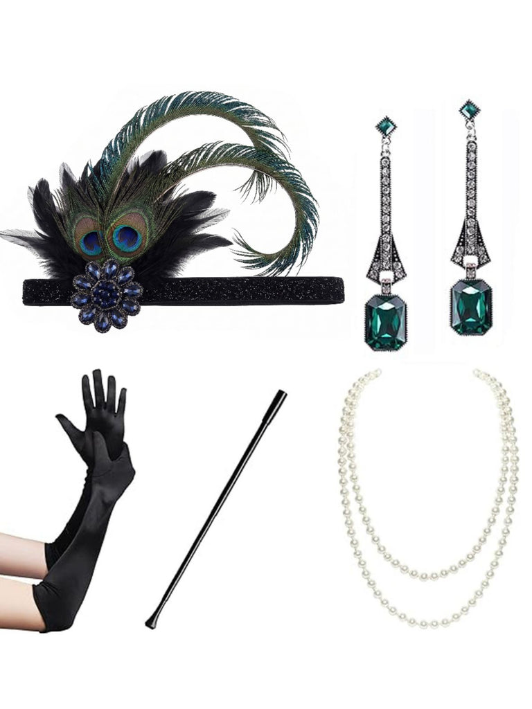 Set Accessori Nero Anni '20 da Costume Gatsby con Piume di Pavone