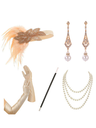 5PCS Completo di Accessori Champagne Anni '20 Charleston con Piume e Perle