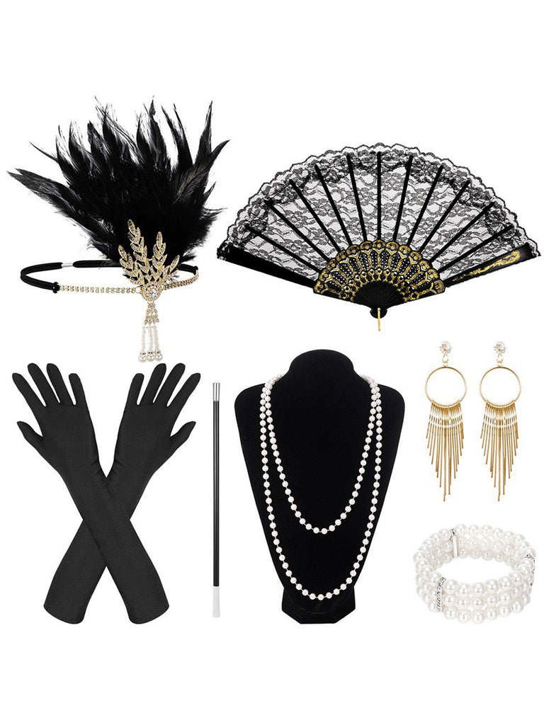 7PCS Completo Accessori Nero Anni '20 Gatsby con Piume e Perle