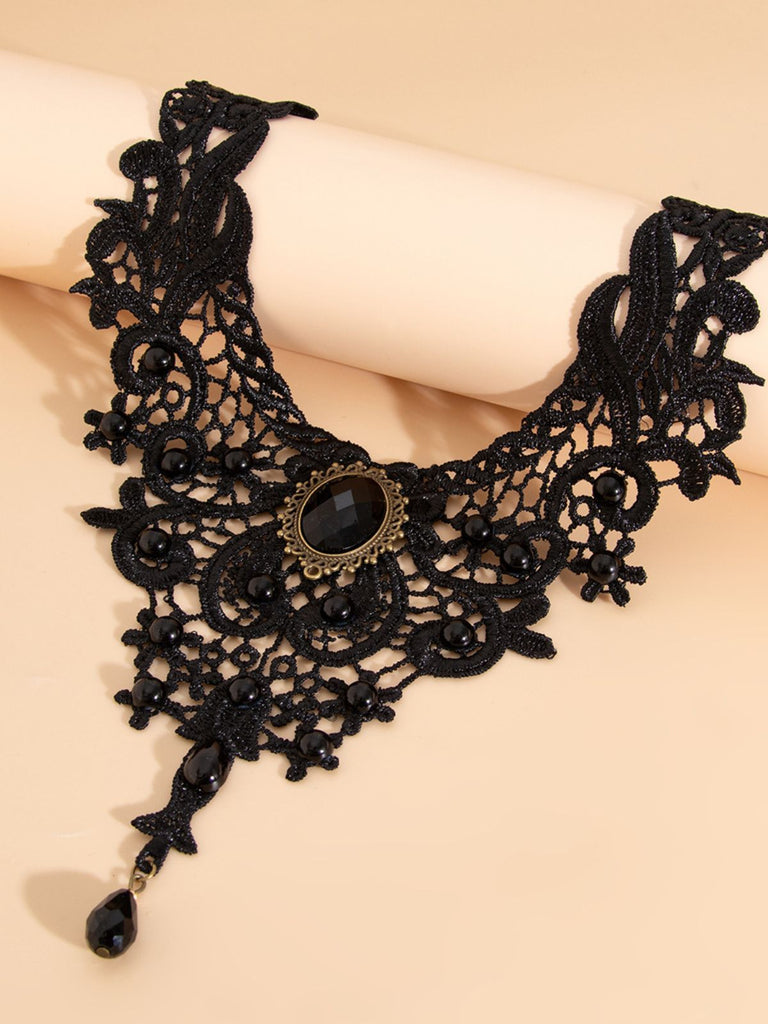Accessori Nero Gotico Vittoriano in Pizzo Gemma Pendant Choker Collana 5
