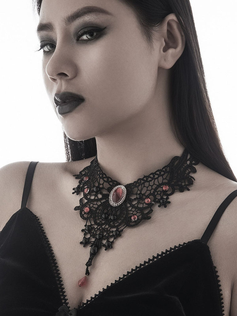 Accessori Nero Gotico Vittoriano in Pizzo Gemma Pendant Choker Collana 9