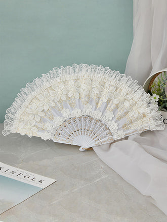 Ventaglio pieghevole bianco in pizzo e raso con fiori 3D