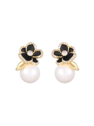 Orecchini Oro Floreali a Bottone con Perle e Strass