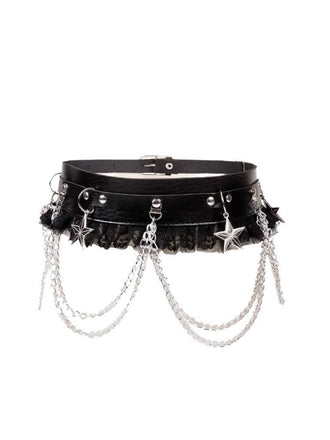Cintura Harness Nera Gotica con Stelle Catene Pizzo Volant e Vita Alta