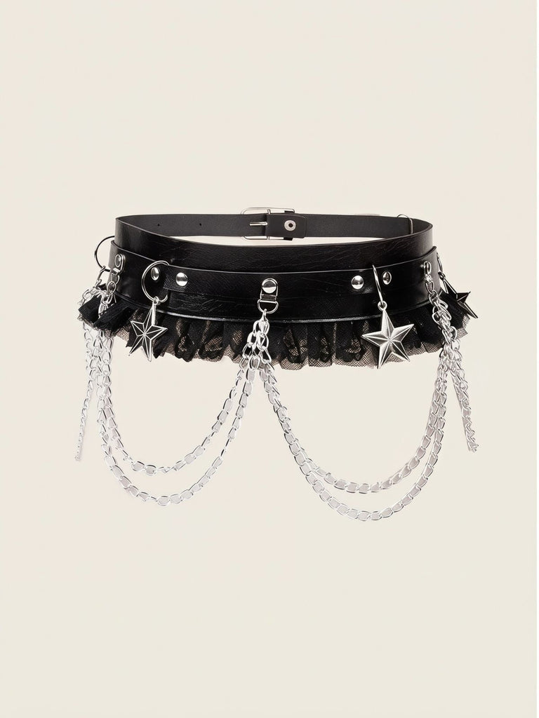 Cintura Harness Nera Gotica con Stelle Catene Pizzo Volant e Vita Alta 3