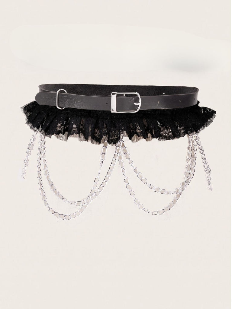 Cintura Harness Nera Gotica con Stelle Catene Pizzo Volant e Vita Alta 4
