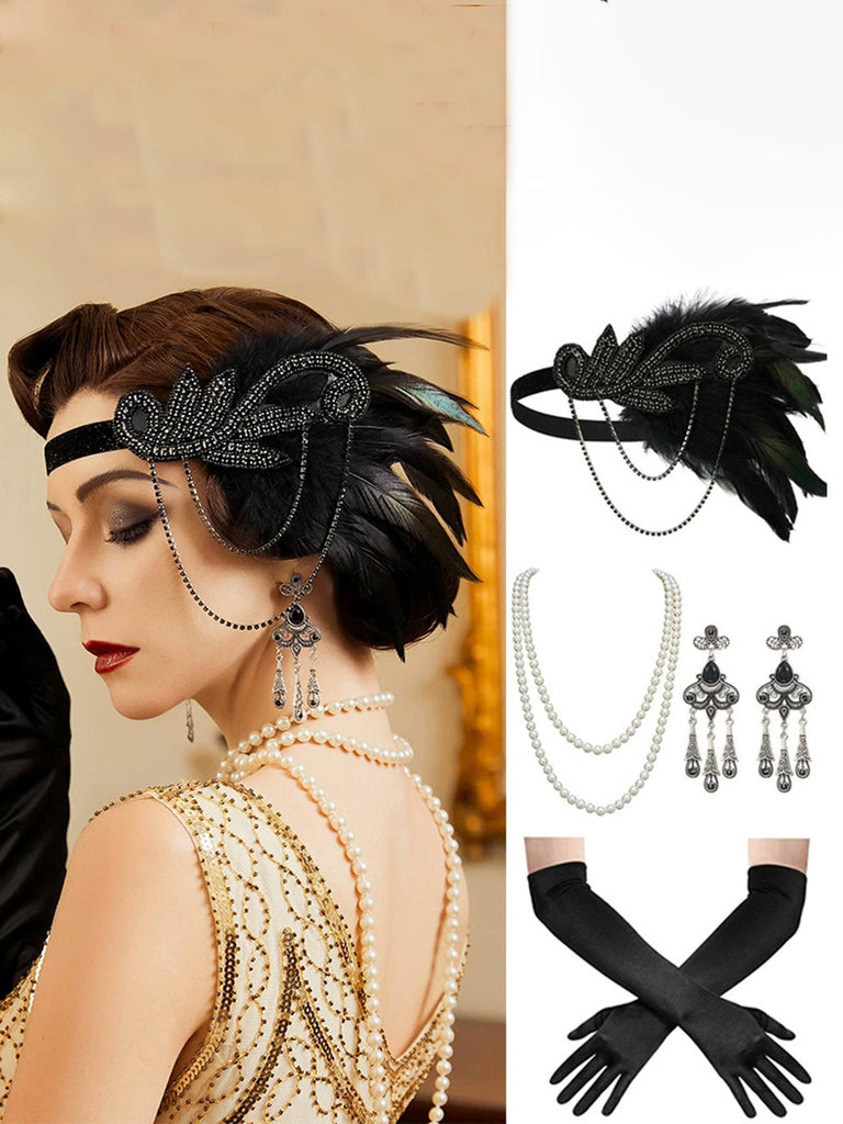 4PCS Set Accessori Oro Anni '20 Gatsby con Piume Nappine e Perle 2