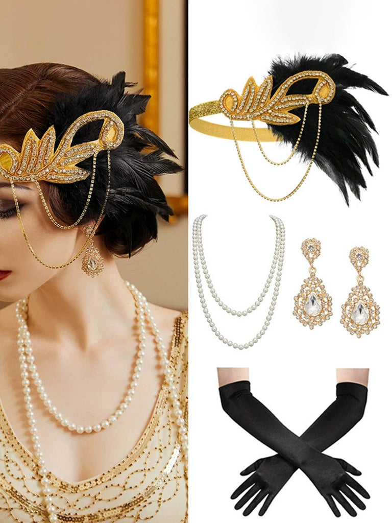 4PCS Set Accessori Oro Anni '20 Gatsby con Piume Nappine e Perle