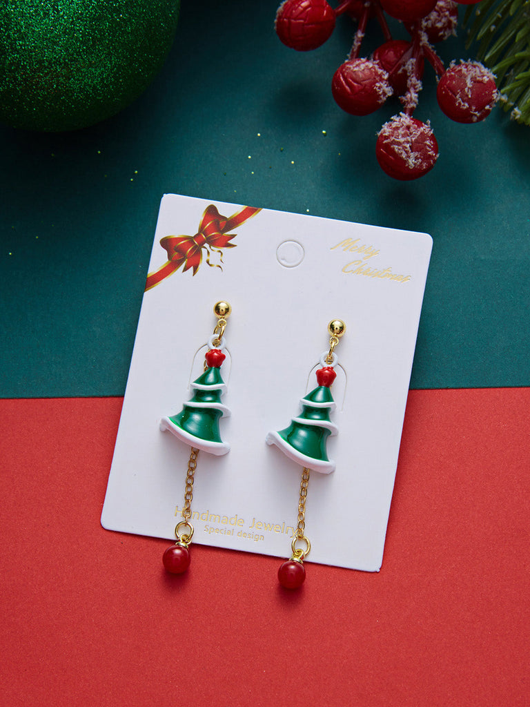 Orecchini Pendenti Natalizi con Albero di Natale e Perle Rosse