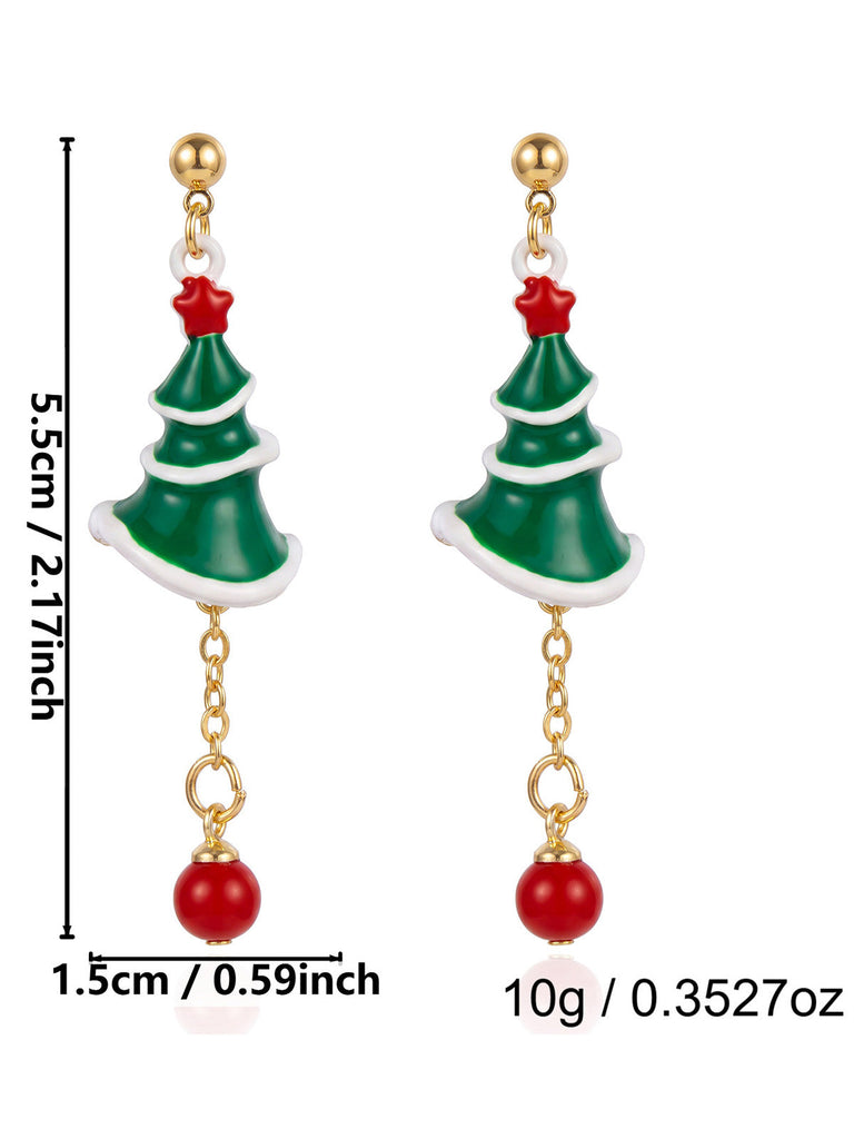 Orecchini Pendenti Natalizi con Albero di Natale e Perle Rosse