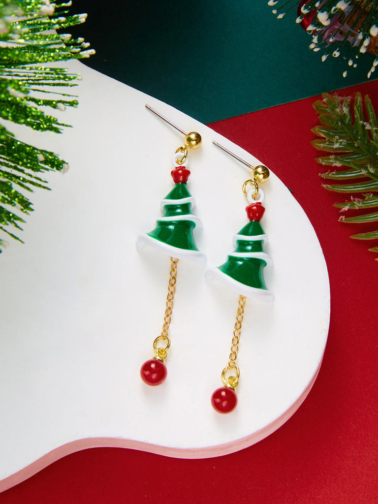Orecchini Pendenti Natalizi con Albero di Natale e Perle Rosse