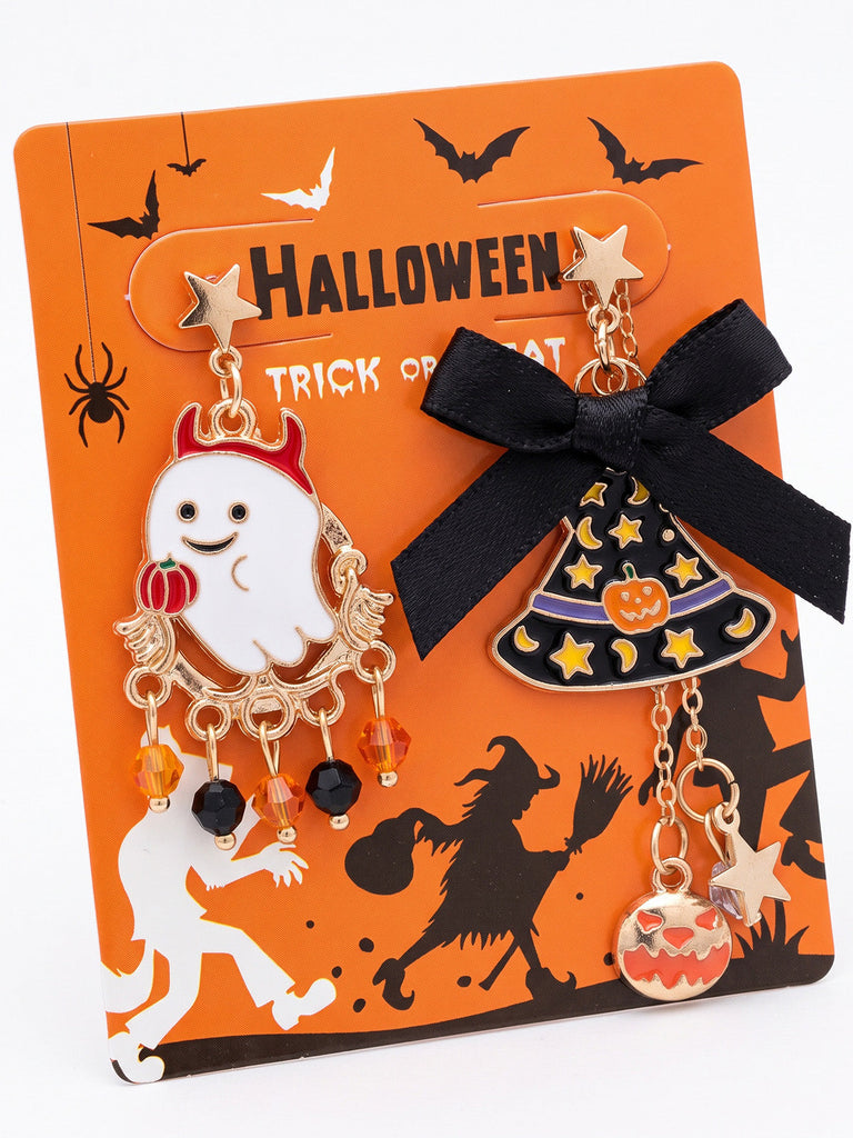Orecchini arancioni e neri di Halloween con fantasma e cappello da strega