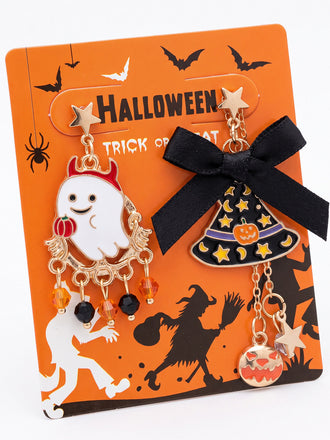 Orecchini arancioni e neri di Halloween con fantasma e cappello da strega