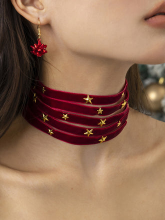 Collana larga in velluto con stella di Natale bordeaux