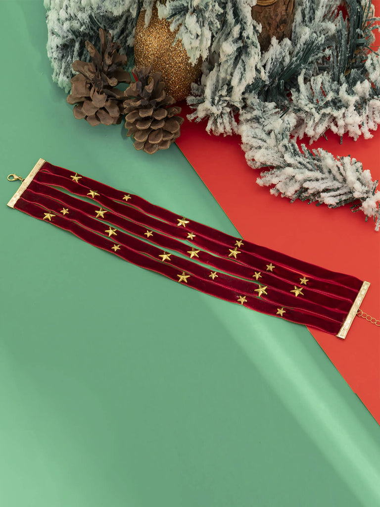 Collana larga in velluto con stella di Natale bordeaux