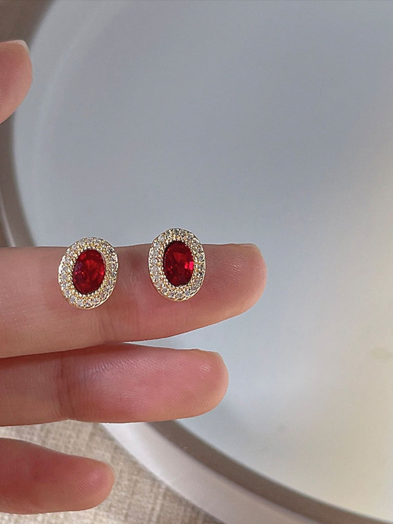 Orecchini vintage con diamanti e cristallo ovale rosso