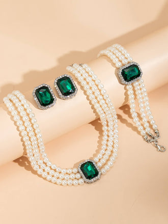 Set di collana bracciale e orecchini con perle e pietre preziose