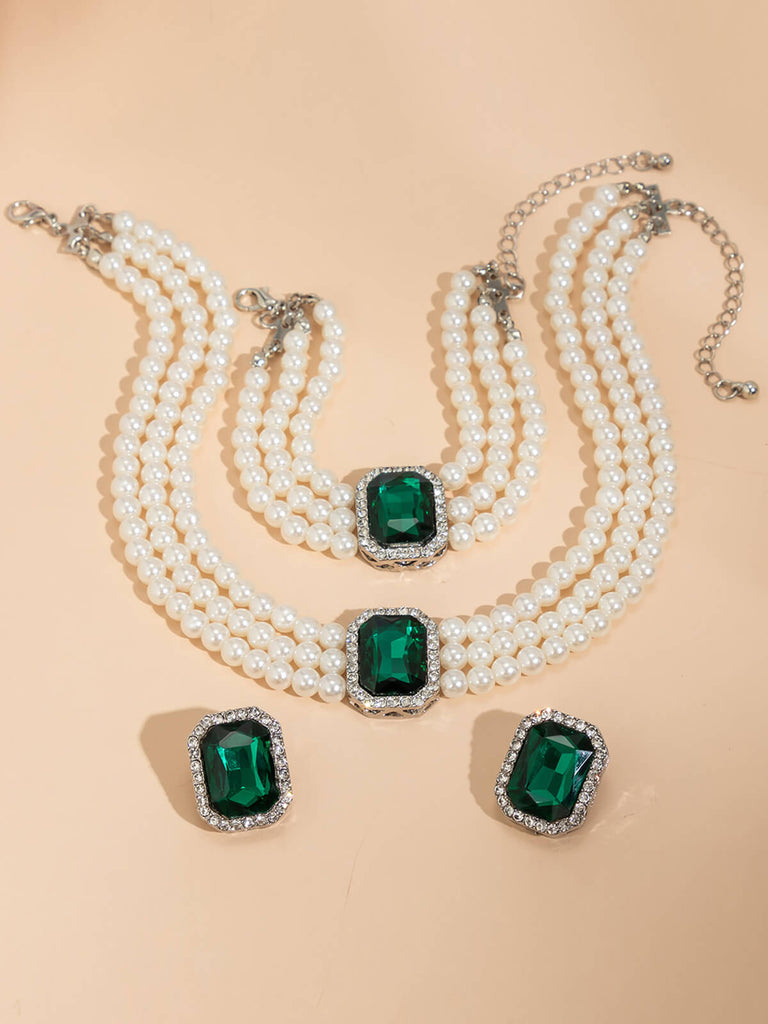 Set di collana bracciale e orecchini con perle e pietre preziose