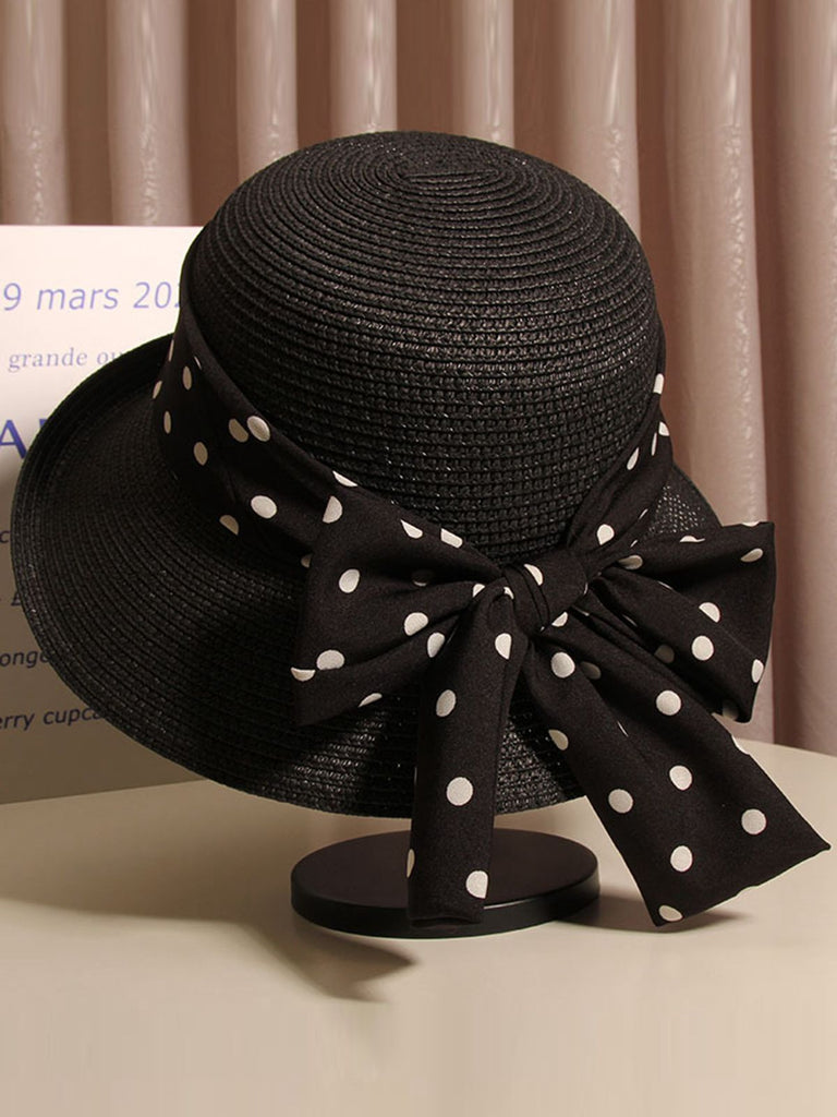 Cappello di paglia nero con fiocco a pois