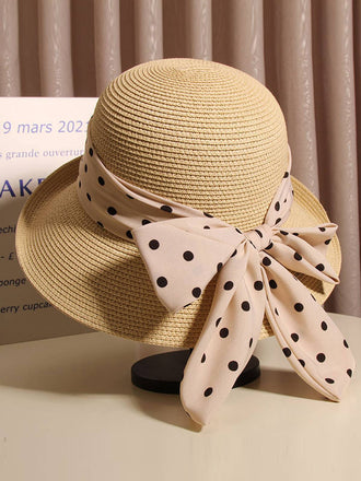 Cappello di paglia cachi con fiocco a pois