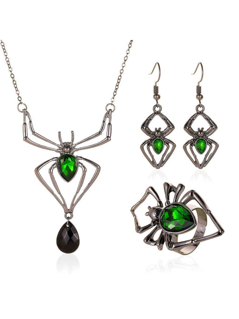 3PCS Set di collana e orecchini e anello ragno verde