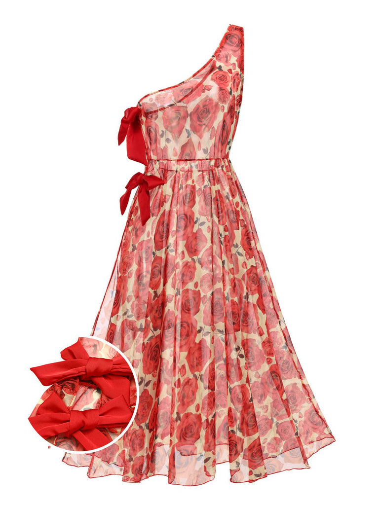 Copricostume monospalla con rose rosso anni '60